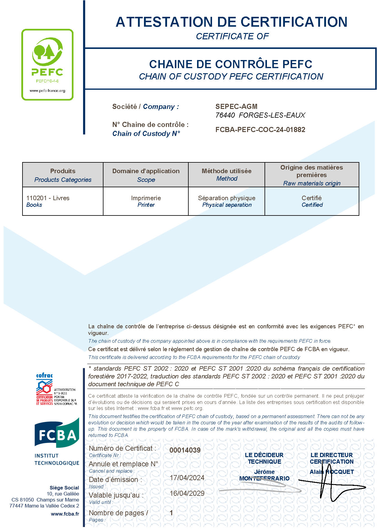 Certificat PEFC SEPEC-AGM – FCBA-PEFC-COC-24-01882
