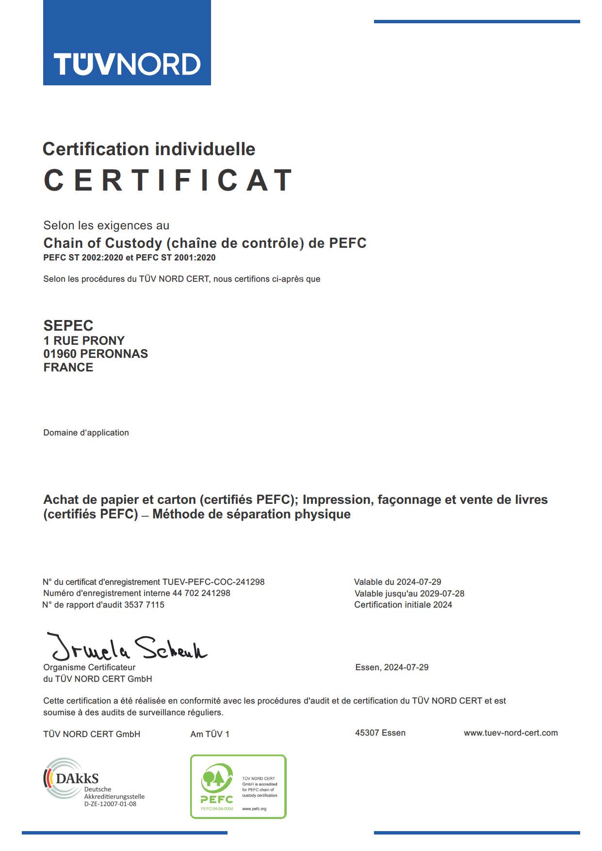 Certificat PEFC – SEPEC
